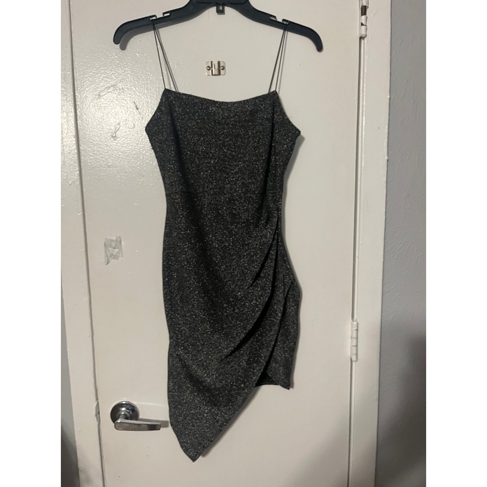 Windsor Black Silver Glitter Metallic Asymmetrical Ruched Bodycon Dress Small